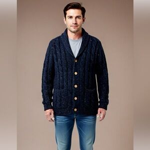 J. Peterman Wool Cardigan, collar, pockets, speckled blue, L(fits like XL)